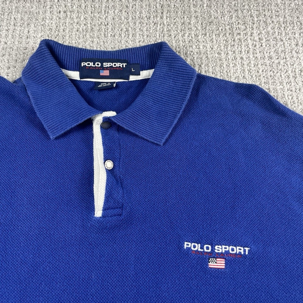 Polo Sport Ralph Lauren Mens Large Blue Snap Pique Polo Shirt Vintage 90s Flag